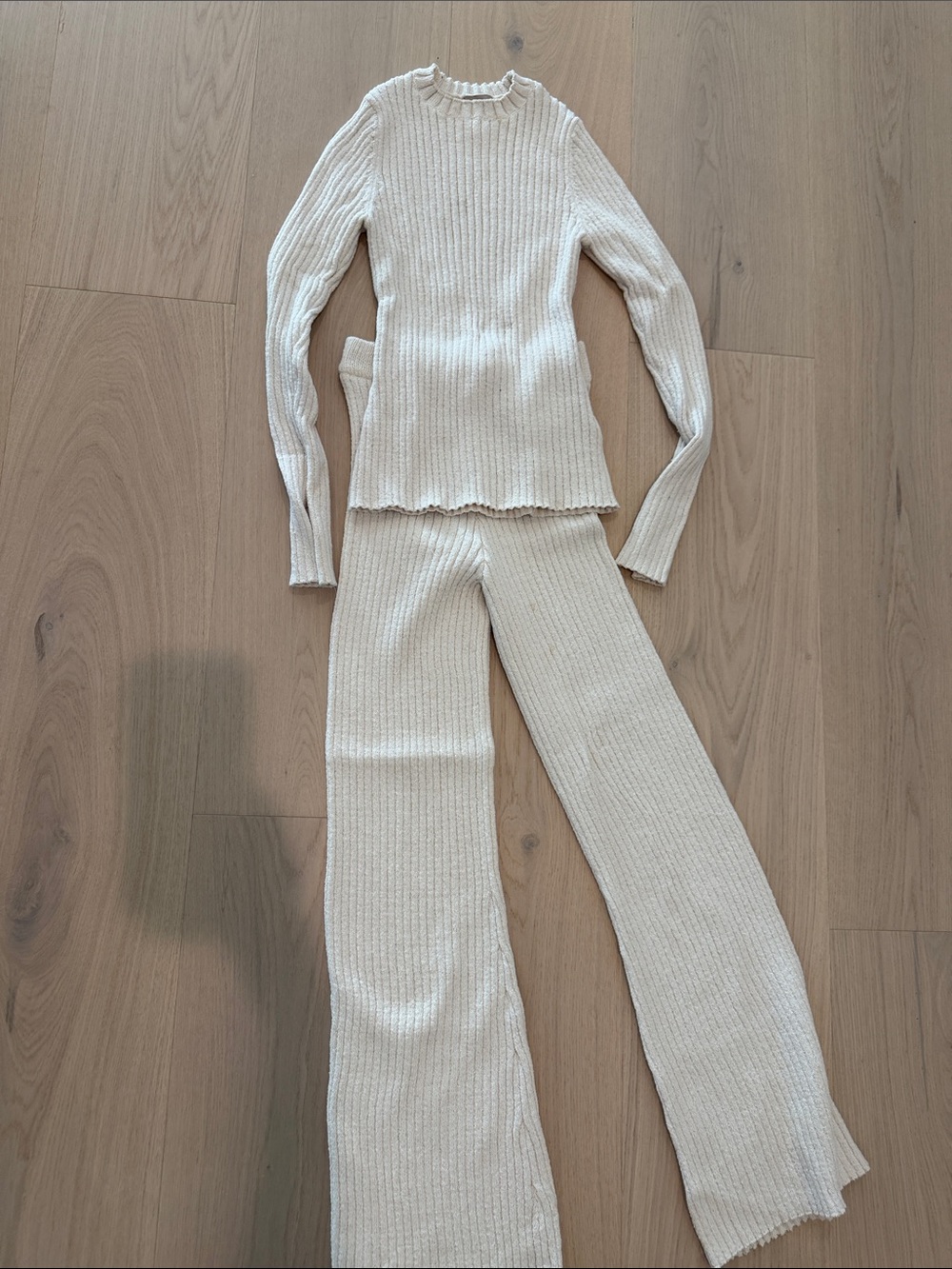 H&M Cream Ribbed Knit Sweater and Wide-Leg Pants Set